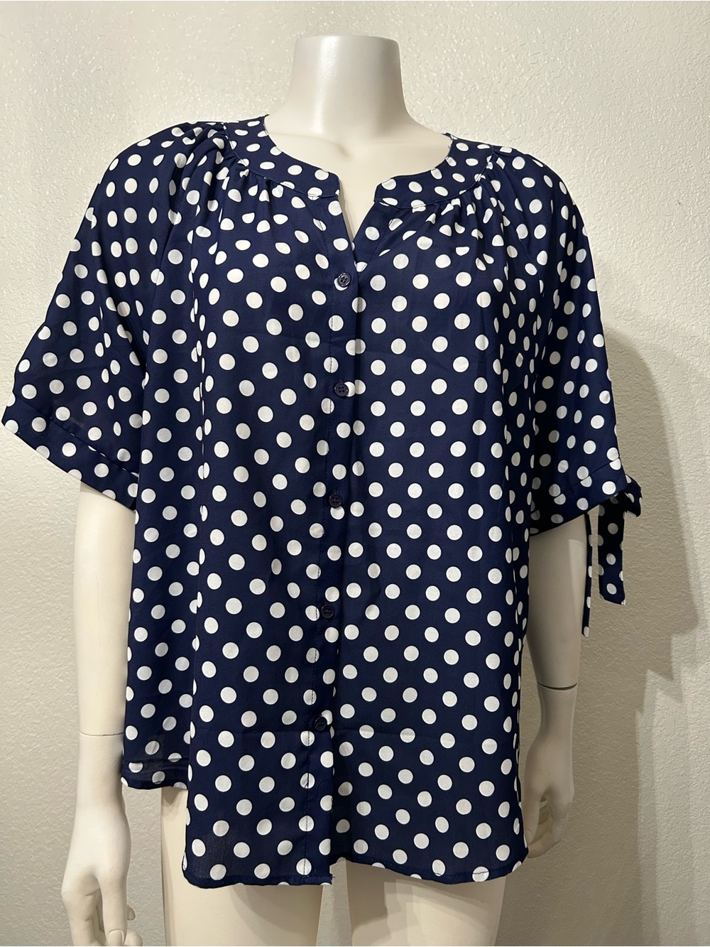Navy Polka Dot Button-Down Blouse with Short Tie Sleeves
